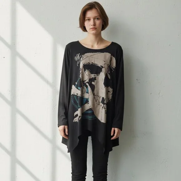 Allegra K Black Tunic Top Skull Design Asymmetric Hem S - Picture 2 of 3